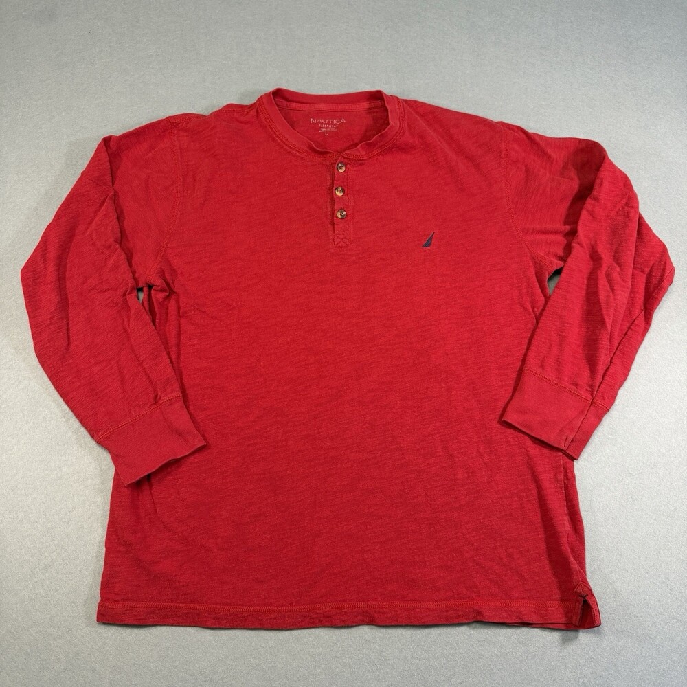 Nautica Henley Shirt Mens Large Red Slub Cotton Long Sleeve Sleepwear